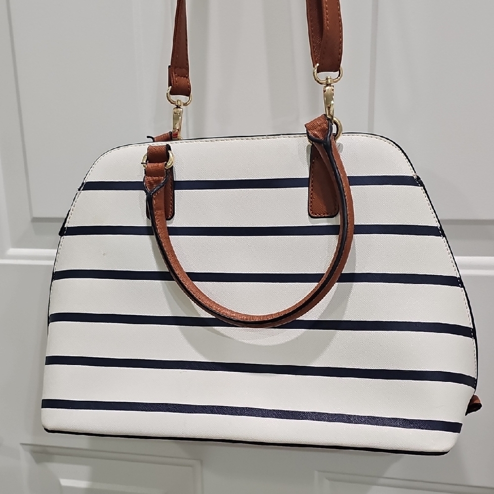 Striped White and Brown Handbag